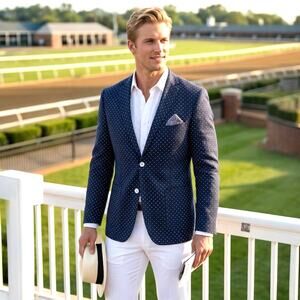 Paisley & Gray Men’s 40R Slim Fit Blazer Navy Polka Dot Linen Blend Sport Coat